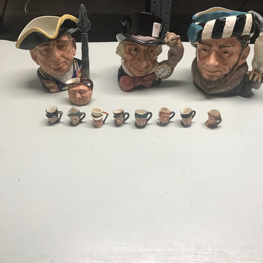 Trade only. Royal Doulton Toby jugs and bag.